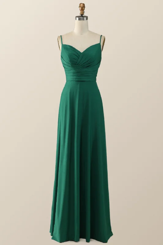 Simply Green Pleated Satin Long Bridesmaid Dress