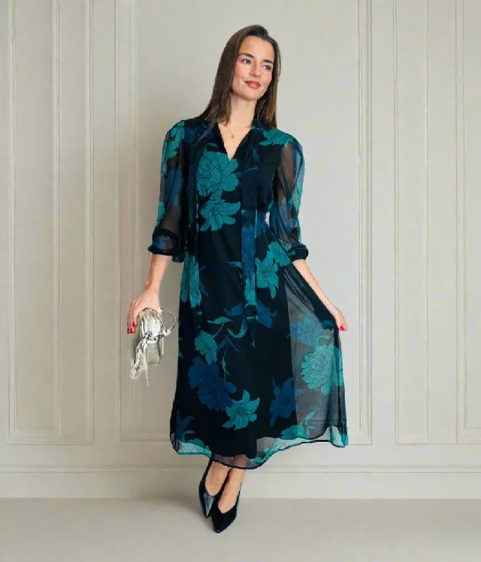 Floral Chiffon Tie Neck Midi Dress