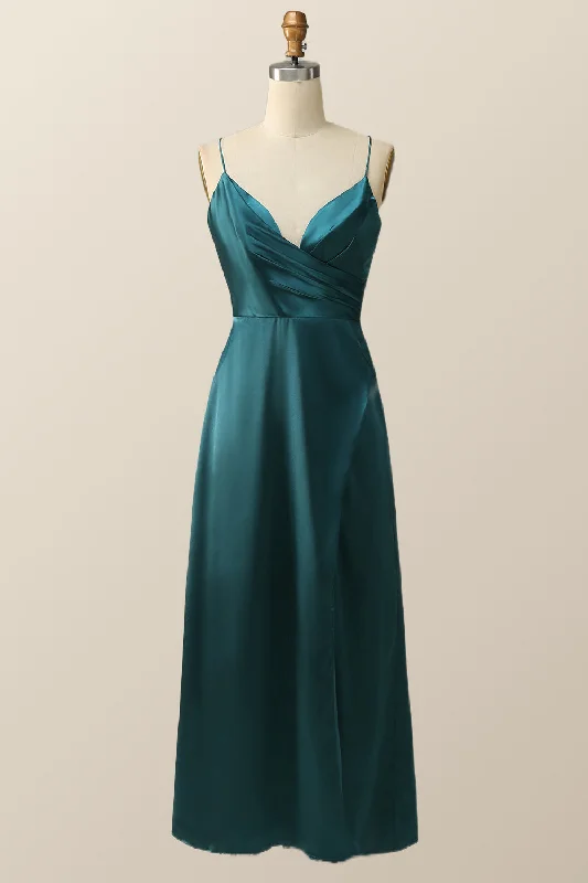 Straps Dark Green Satin Pleated Long Bridesmaid Dress