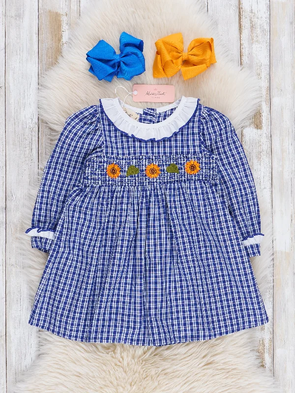 Blue Gingham Smocked Sunflowers Dress