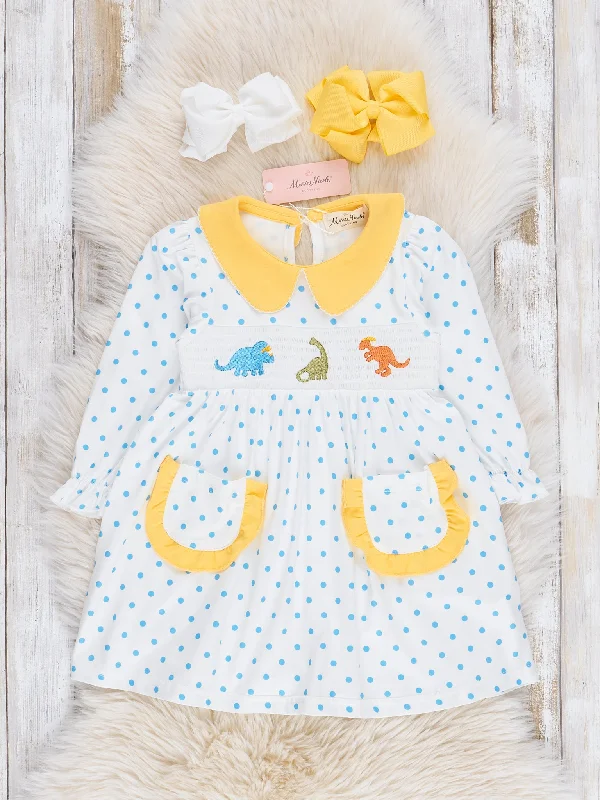 Blue Polka Dots Smocked Dinosaurs Dress