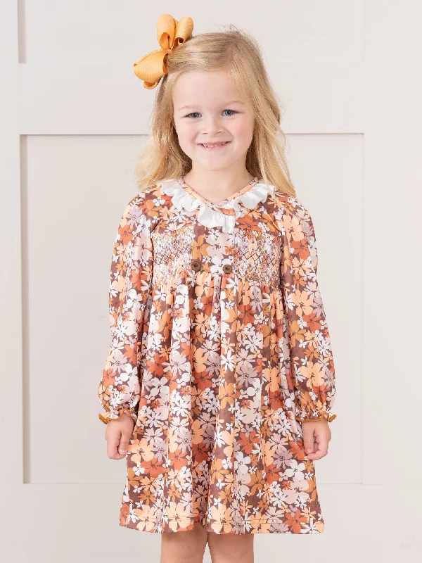 Brown Autumn Florals Ruffle Dress