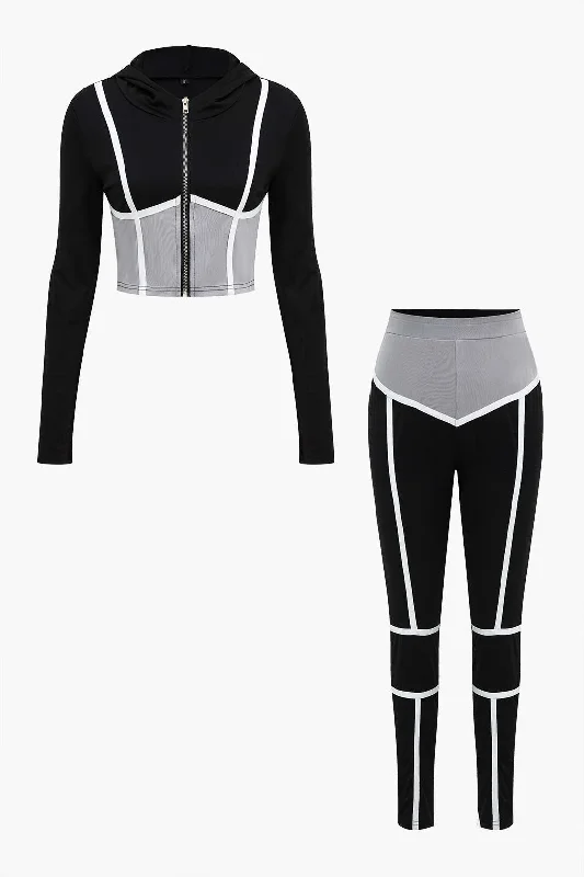 Colorblock Zip-Up Hooded Crop Jacket And High-Waisted Leggings Set