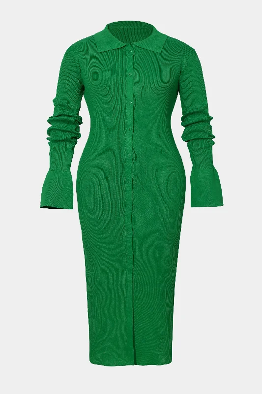 Plus Size Knit Long Sleeve Button Dress