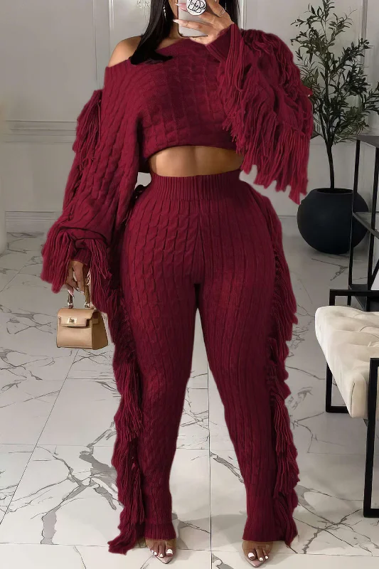 Plus Size Solid Knit Fringe Pants Set