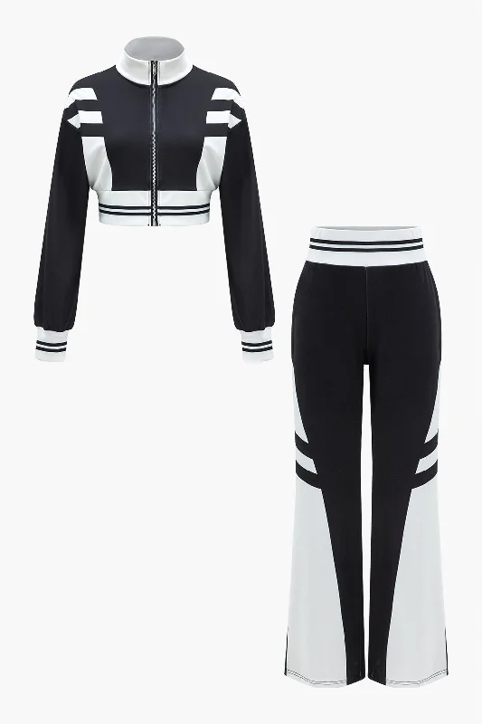 Contrast Zipper Collar Cropped Jacket And Trousers Set