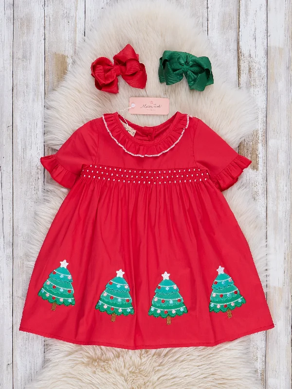 Red Holiday Trees Smocked Ruffle Dress