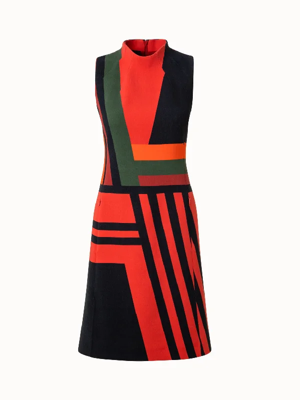 Wool Double-Face Sheath Dress with Zig Zag Trapezoid Print