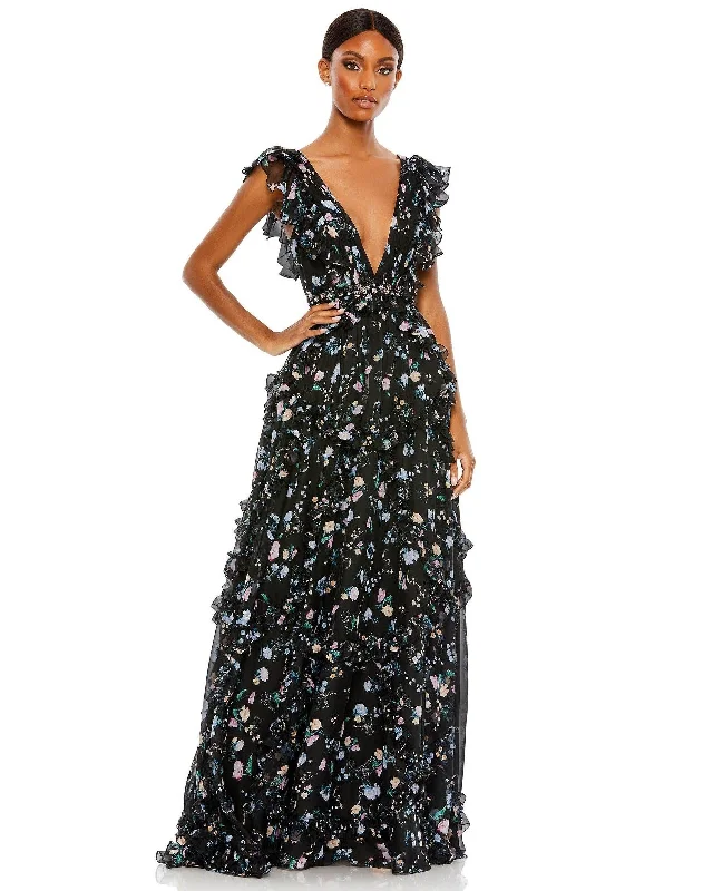 Mac Duggal 68090 Long Cap Sleeve Formal Print Gown