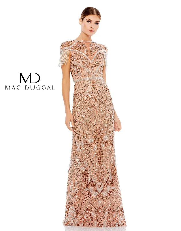 Mac Duggal 5452 Long Formal Fringe Cap Sleeve Gown