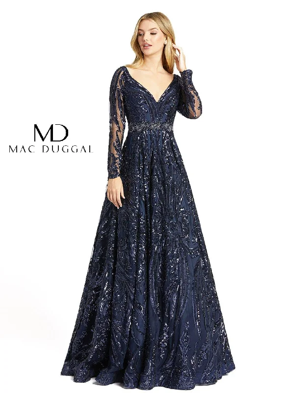 Mac Duggal Long Sleeve Embellished V Neck Ball Gown