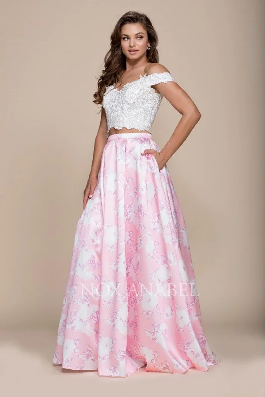 Long Two Piece Floral Print Prom Dress