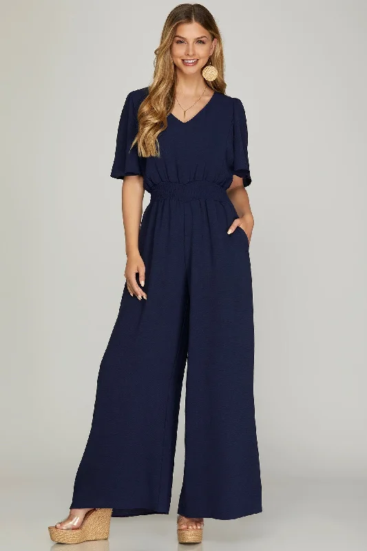 Flounce Sleeve Smock Waist Wide Leg Woven Jumpsuit