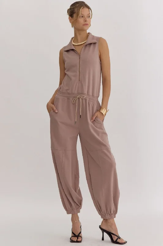 Solid Zip Up Collared Sleeveless Jogger Style Jumpsuit