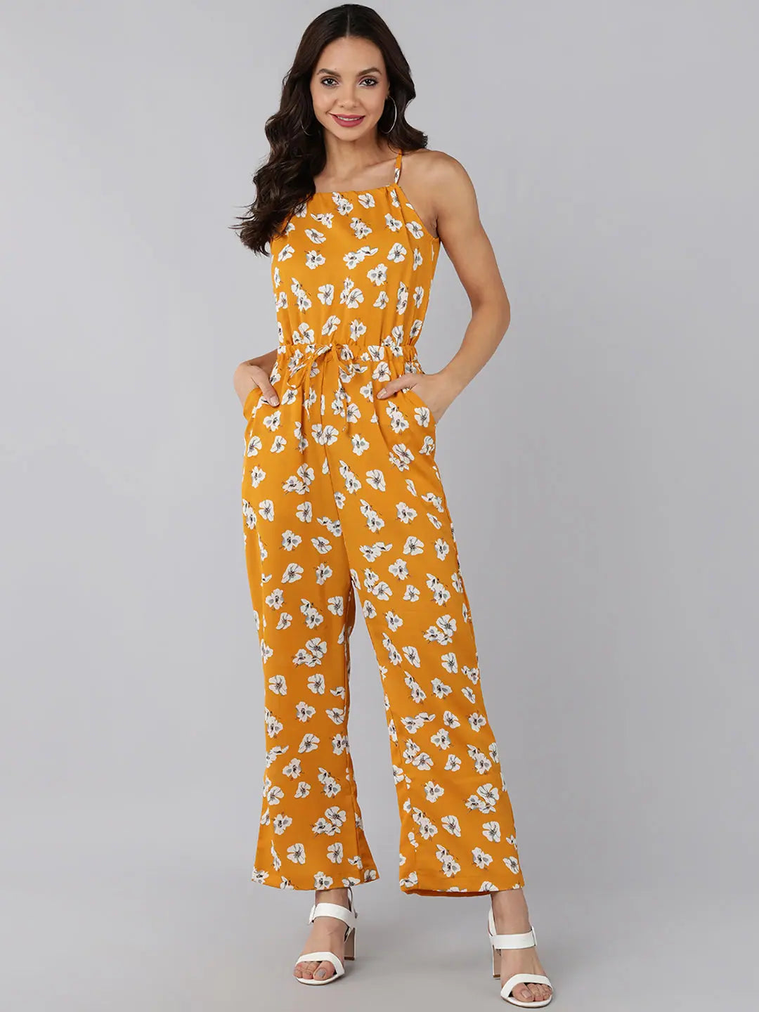 Women Printed Standard Mustard Jumpsuits & Sets