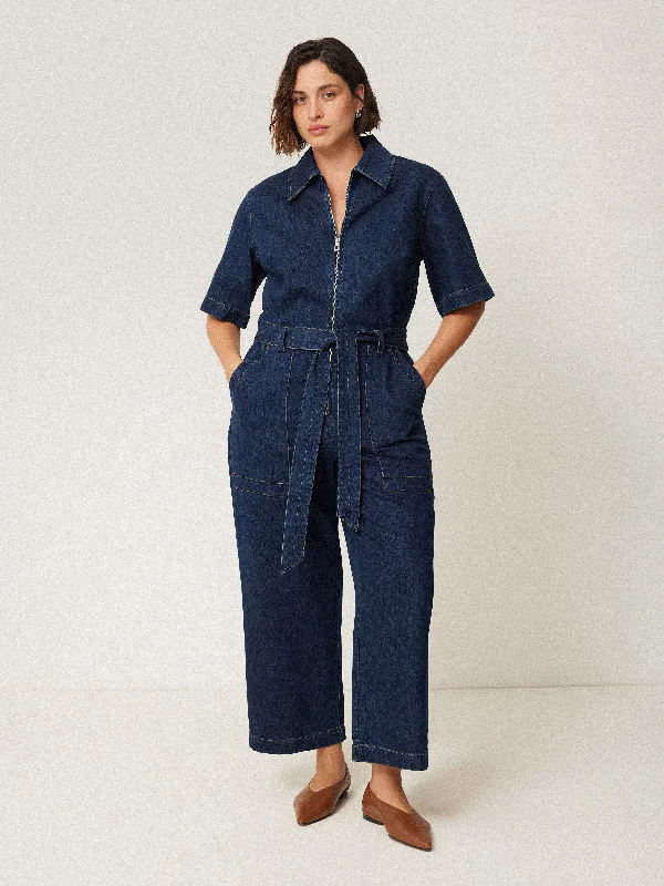 Denim Zip Front Jumpsuit | Indigo