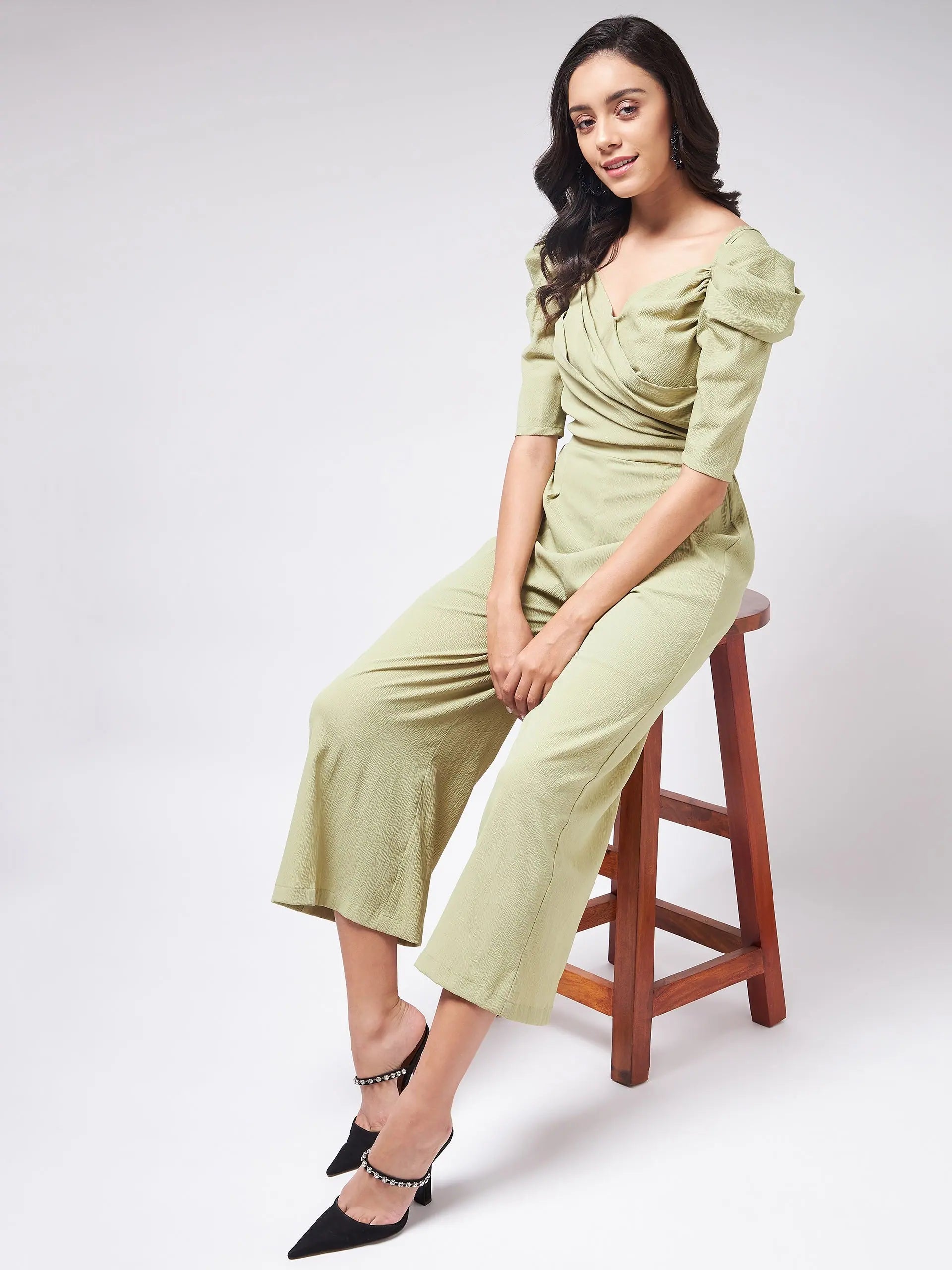 Flaunt Yourself In Solid Pleated Jumpsuit With Vintage Sleeves