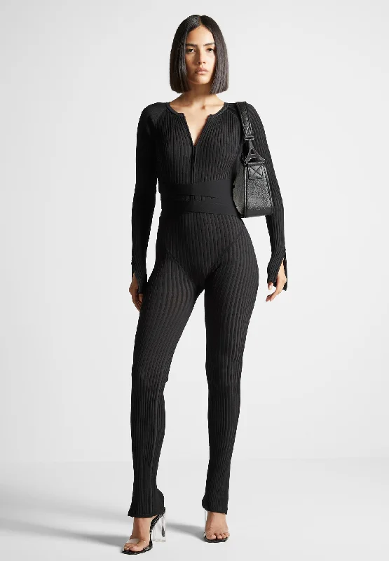 Knitted Two Tone Jumpsuit with Belt - Black