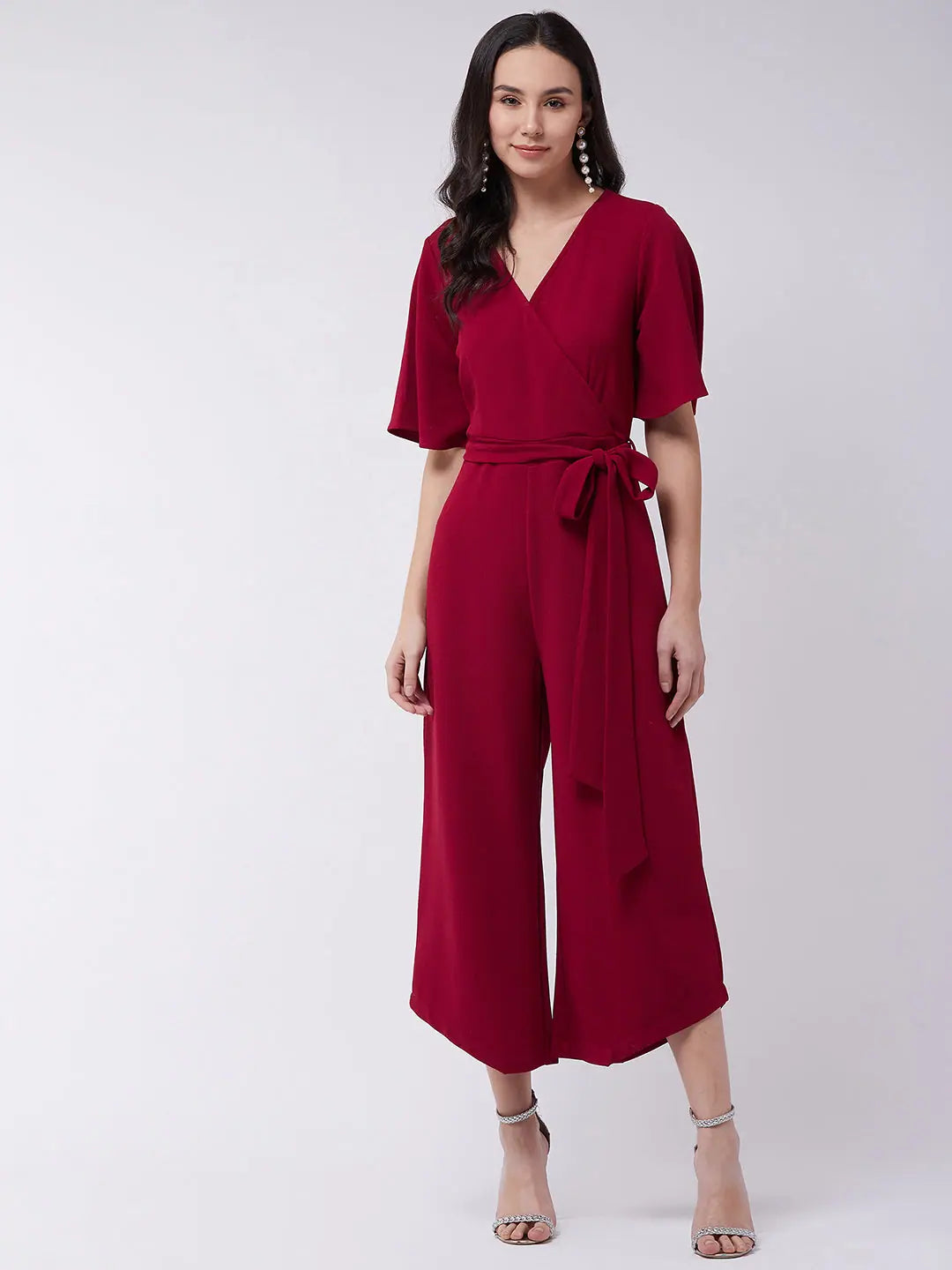 Red Solid Overlap Jumpsuit