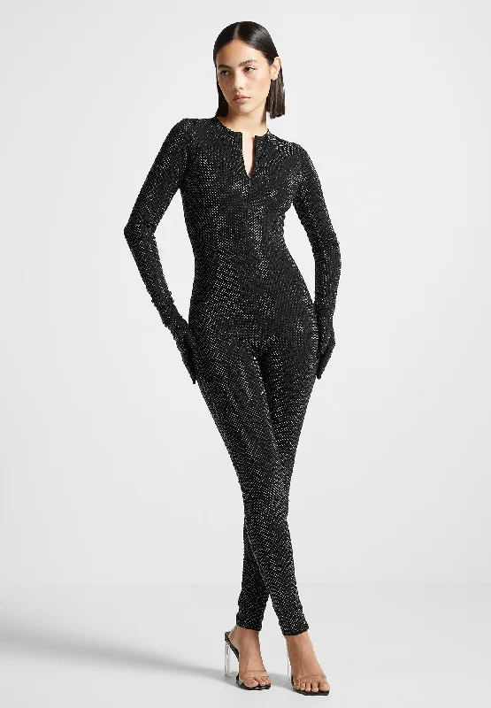 Rhinestone Jumpsuit with Gloves - Black