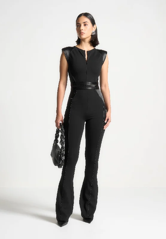 Satin Contour Flared Jumpsuit - Black